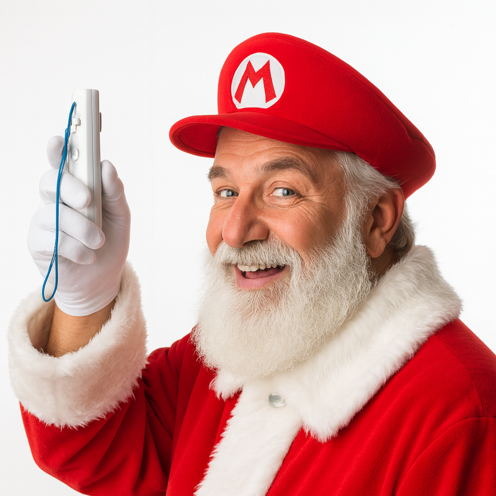 Santa holding a Wii remote